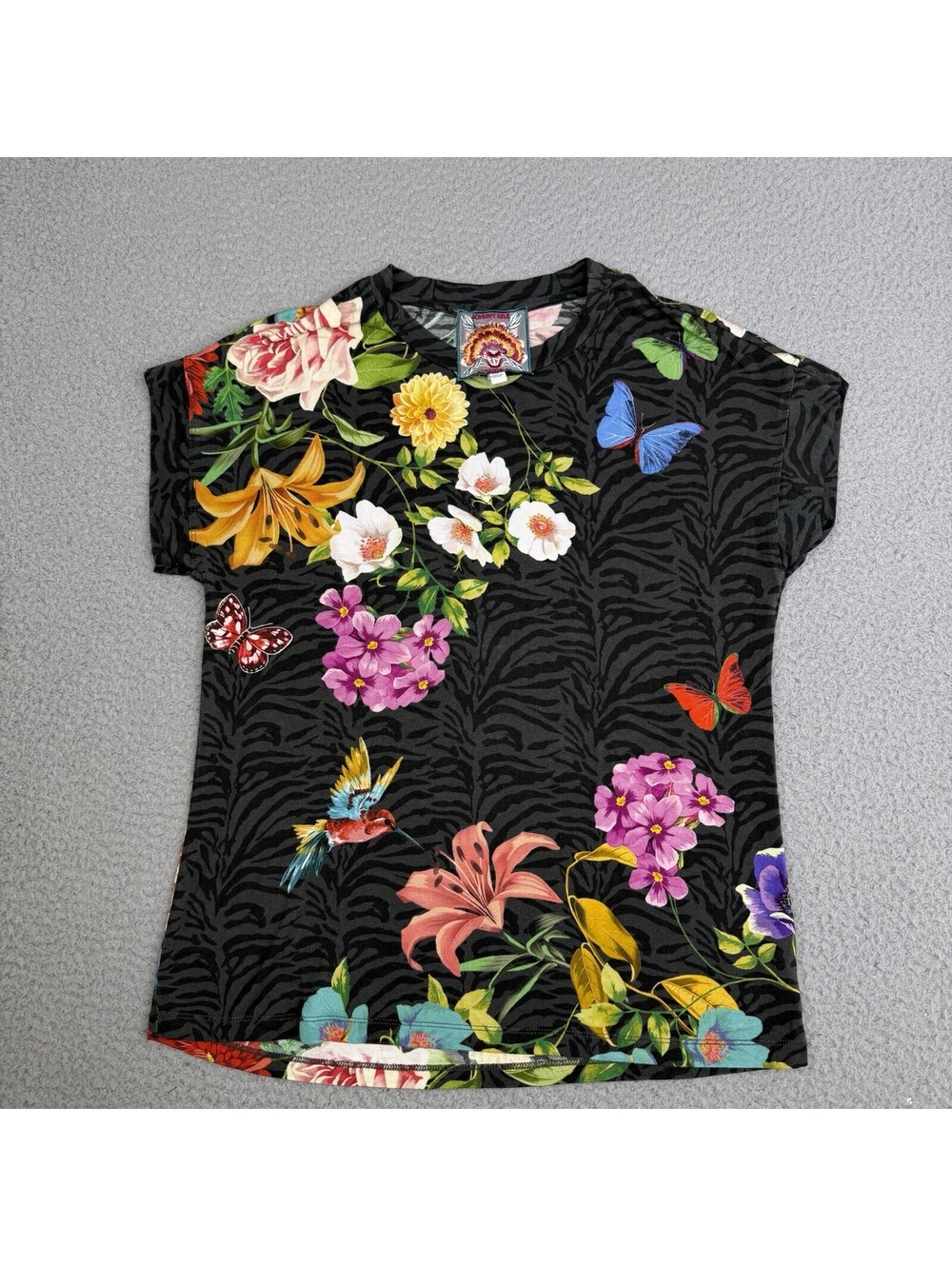 Johnny Was Women’s Black Multicolor Floral Butterfly Embroidered Stretch Tee XXS
